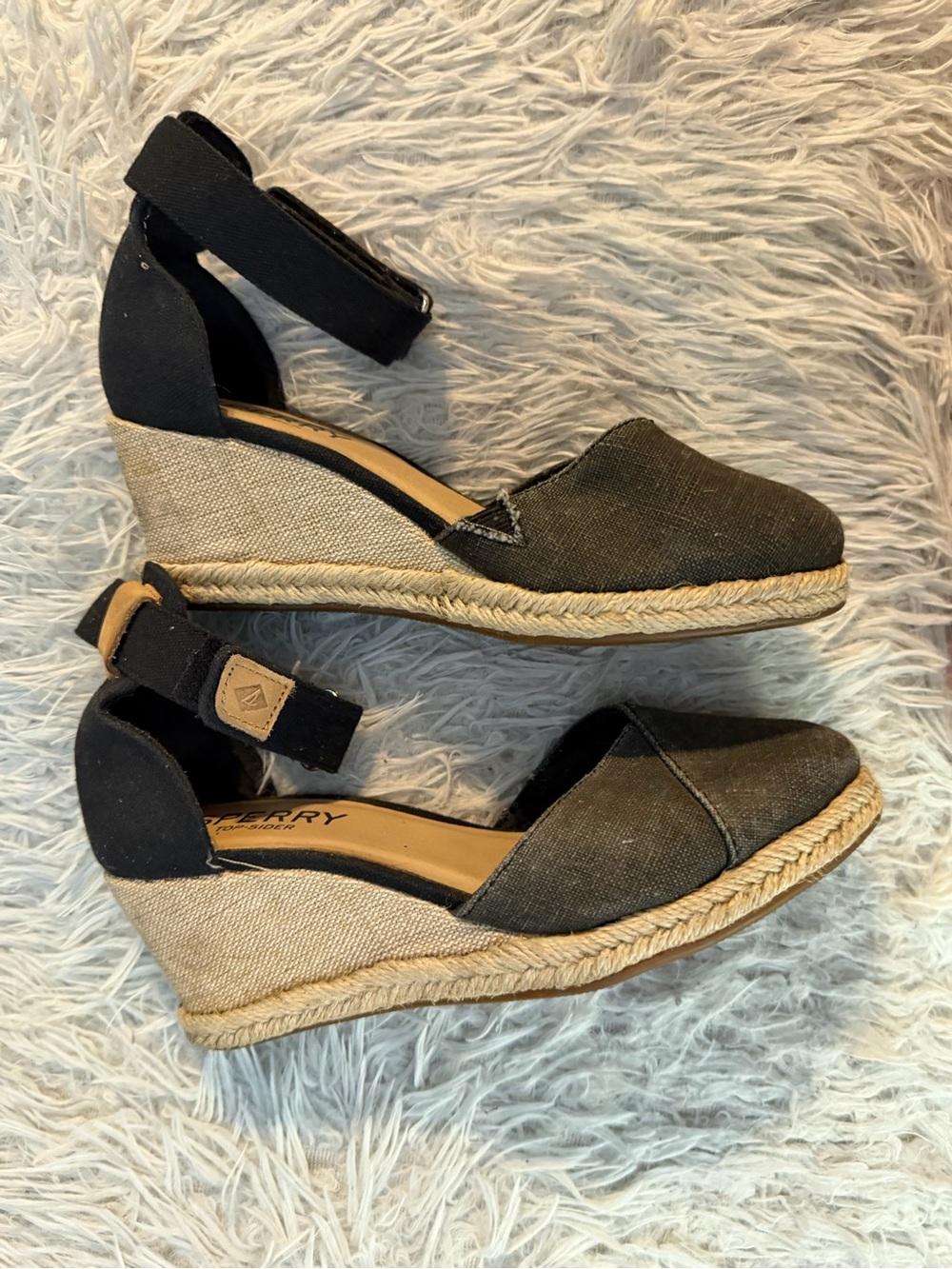 Sperry Black Canvas Espadrille Wedge Sandals with Ankle Strap